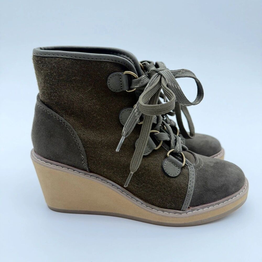 Merona Boots Womens 8.5 Lorelle Wedge Hiker Booties Green Lace Up Faux Fur